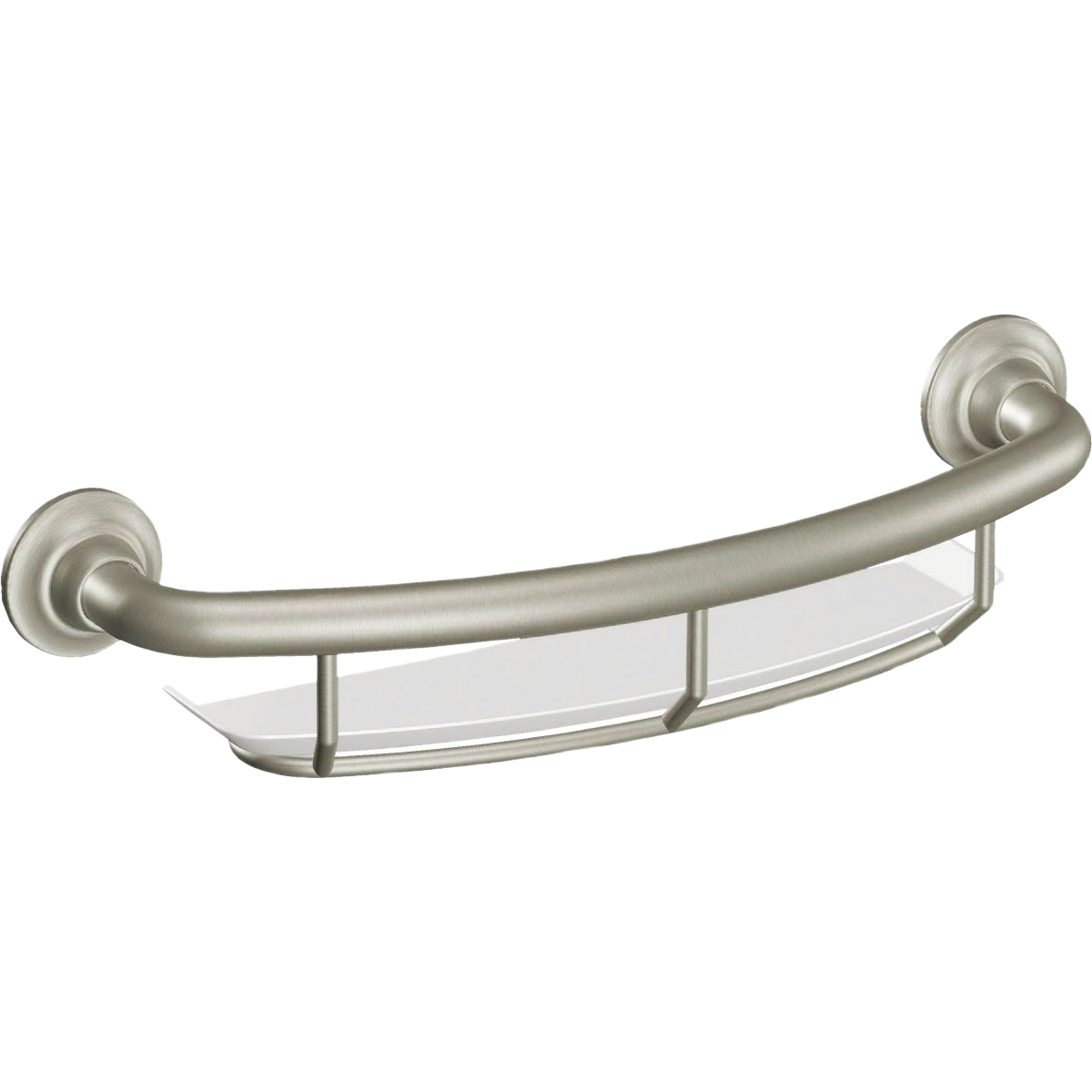 Brushed nickel grab bar with integrated shelf for bathroom safety and accessibility under $100 hardware collection