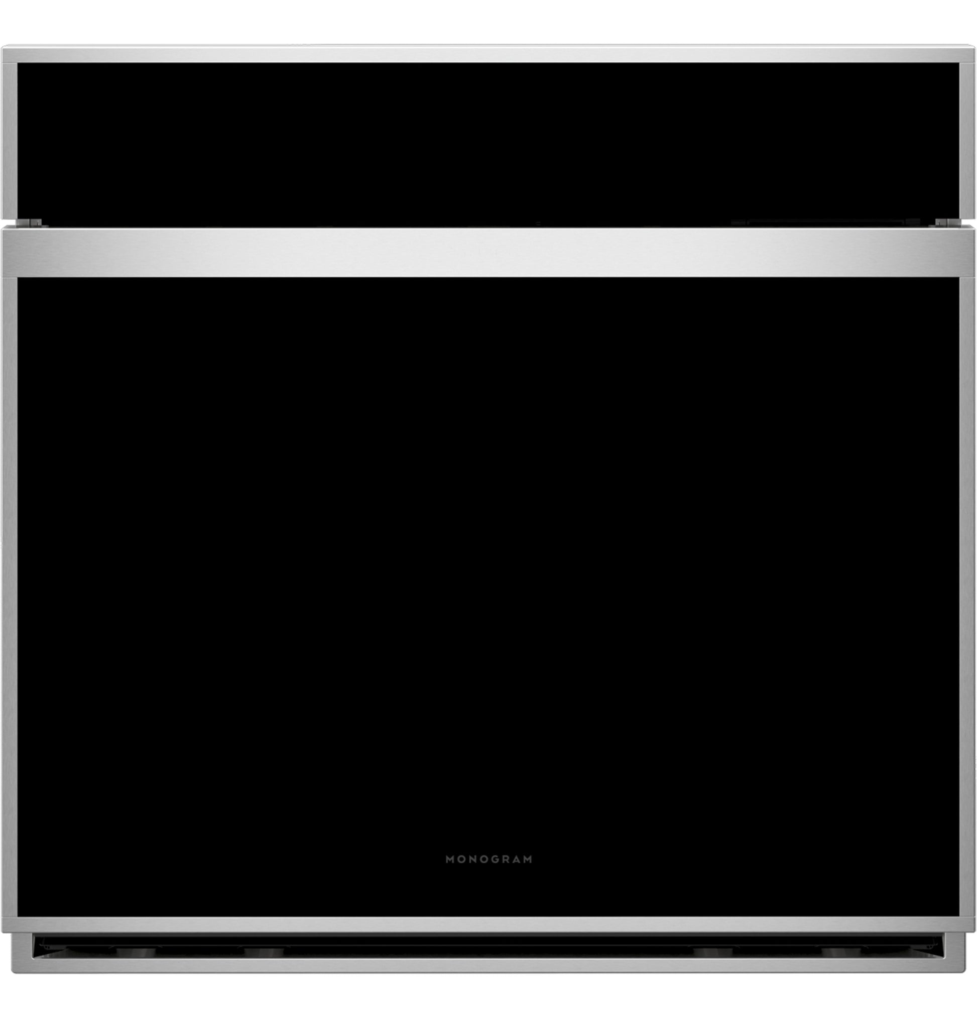 Minimalist single wall oven with stainless steel frame and smooth black glass front from kitchen appliances collection