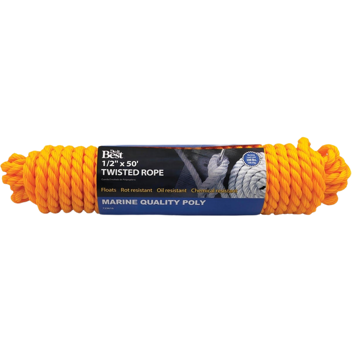 Bright yellow twisted polypropylene rope, 1/2 inch by 50 feet, durable and resistant for home improvement tasks