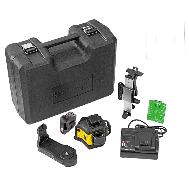 Compact black carrying case with Stabila logo and multi-plane laser level kit accessories for woodworking tools collections