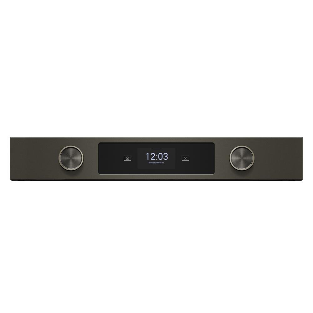 Black ore electric wall oven control panel with LED display, digital clock, and brushed metal knobs from KitchenAid Appliances