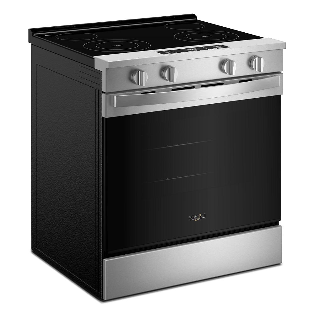 30-inch electric range with black glass oven door, stainless steel accents, and four smooth glass cooktop burners for kitchen appliances