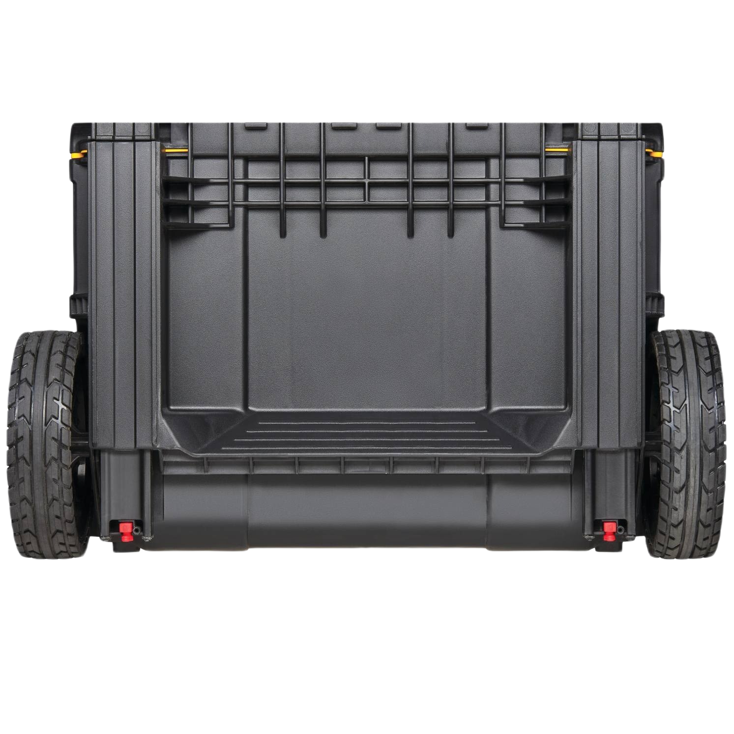 Bottom view of black rugged rolling toolbox with large durable wheels for jobsite tool storage and workshop organization