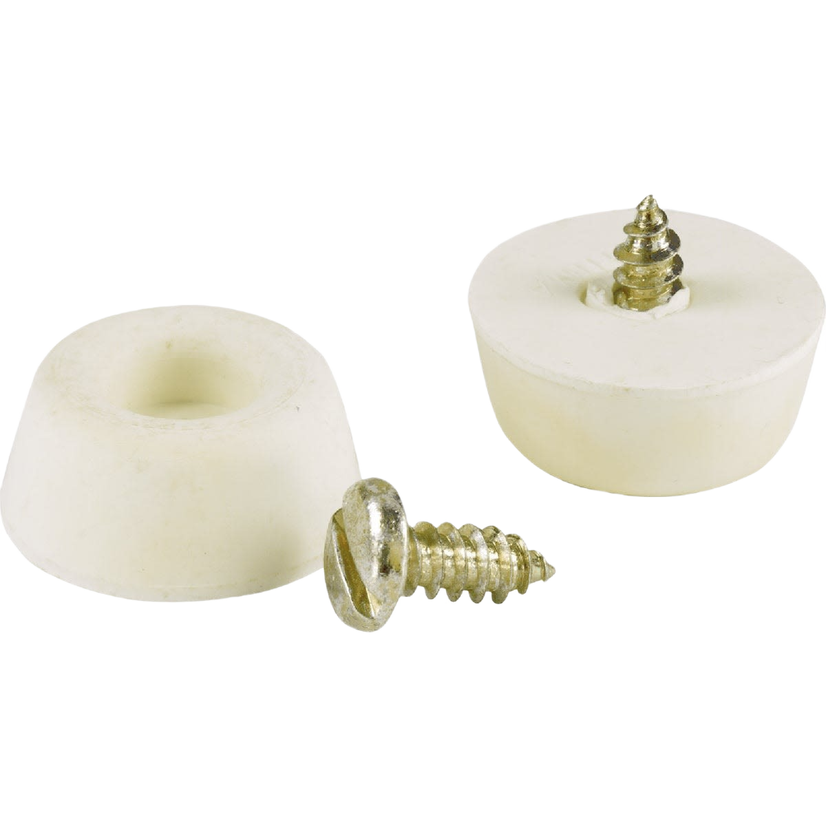 Two off-white round furniture bumpers with metal screws for protecting surfaces in home improvement projects