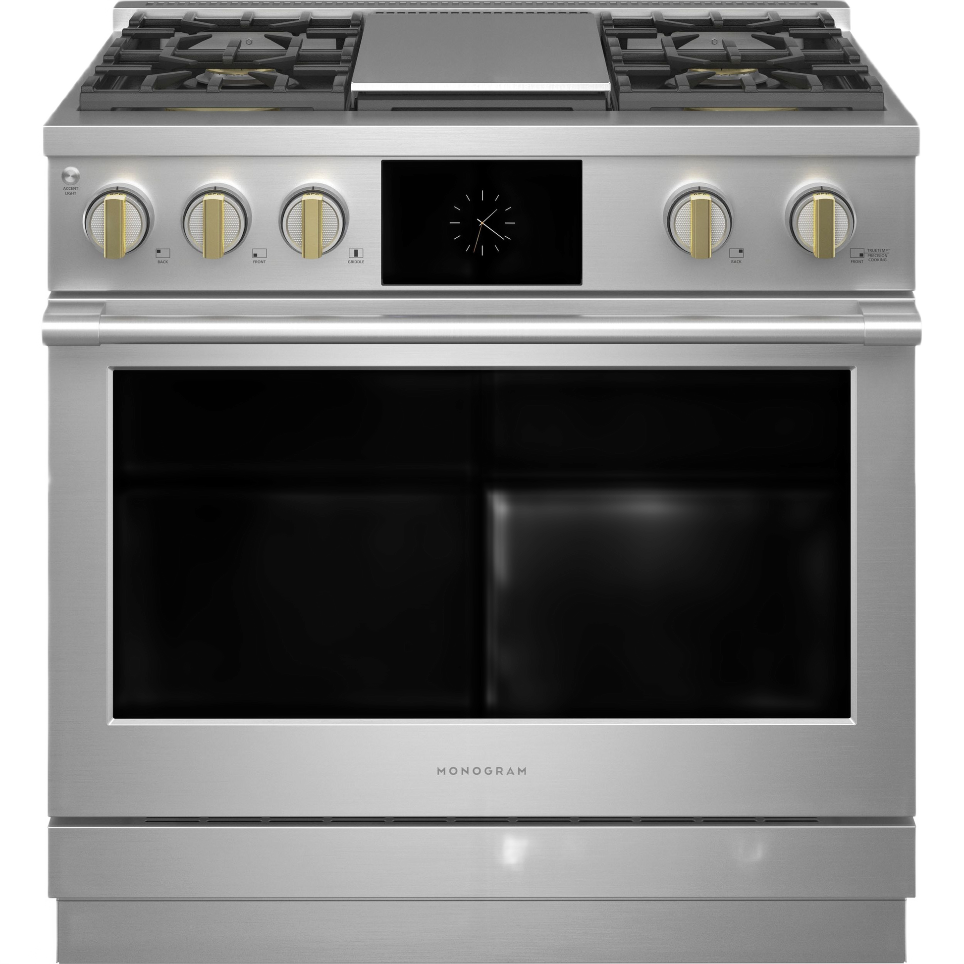 Stainless steel professional dual-fuel range with four burners, griddle, digital display, and brushed metal knobs in kitchen appliances collection