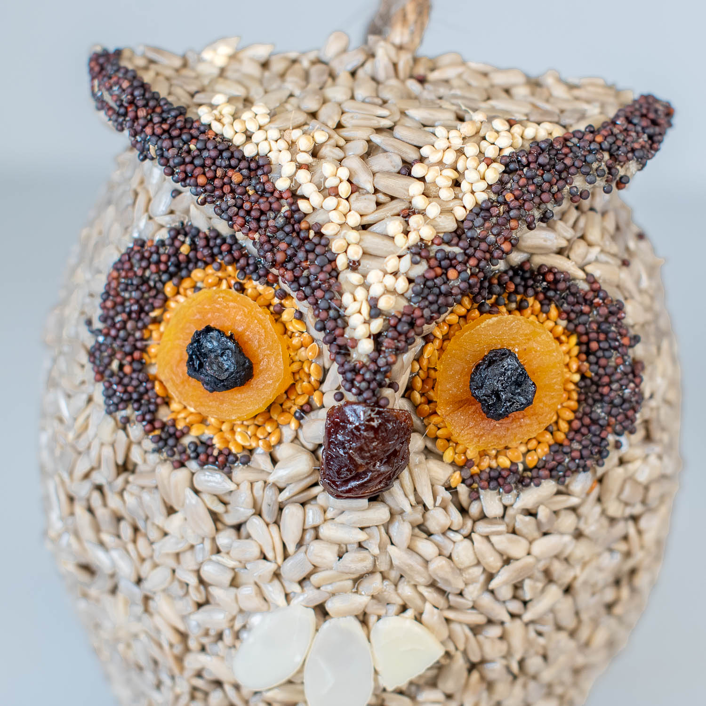 Decorative owl bird feeder crafted from various seeds and dried fruits for outdoor wildlife feeding