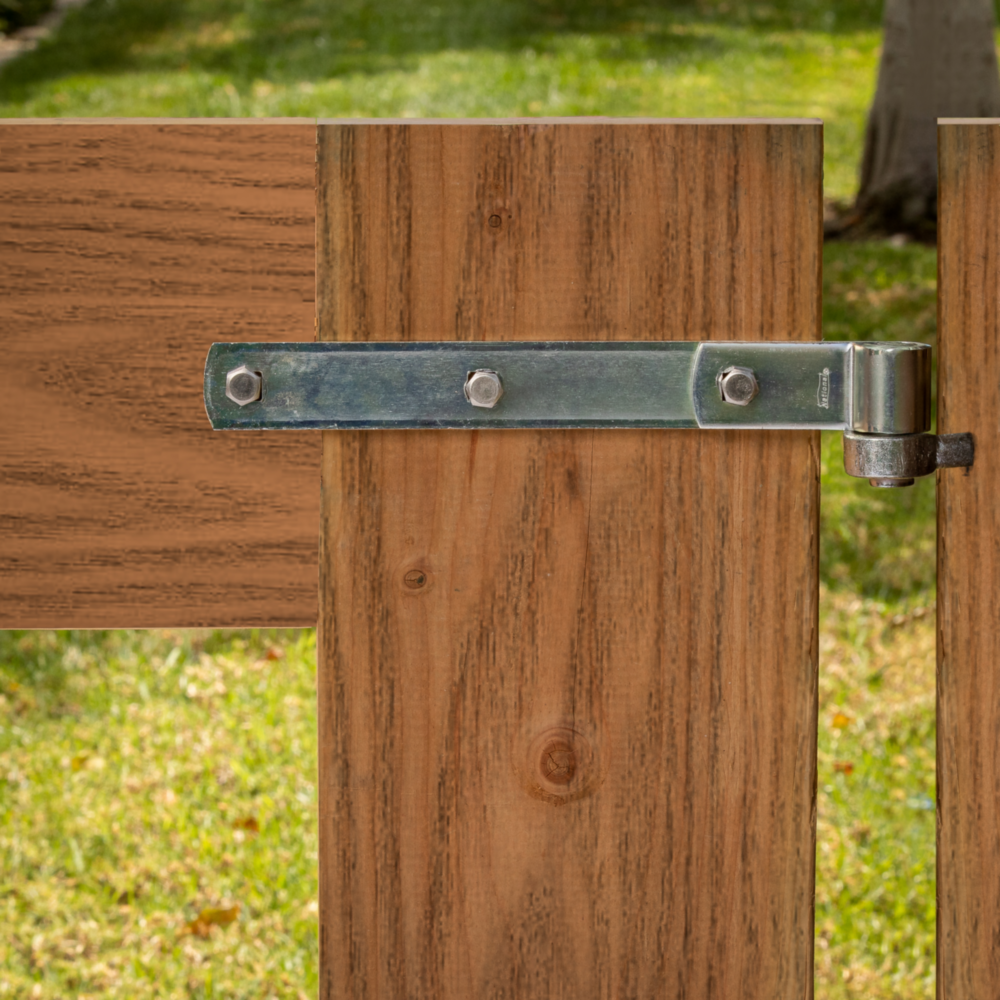 Zinc-plated steel gate hinge strap secured to wooden gate for durable door and window accessories under $50 home improvement