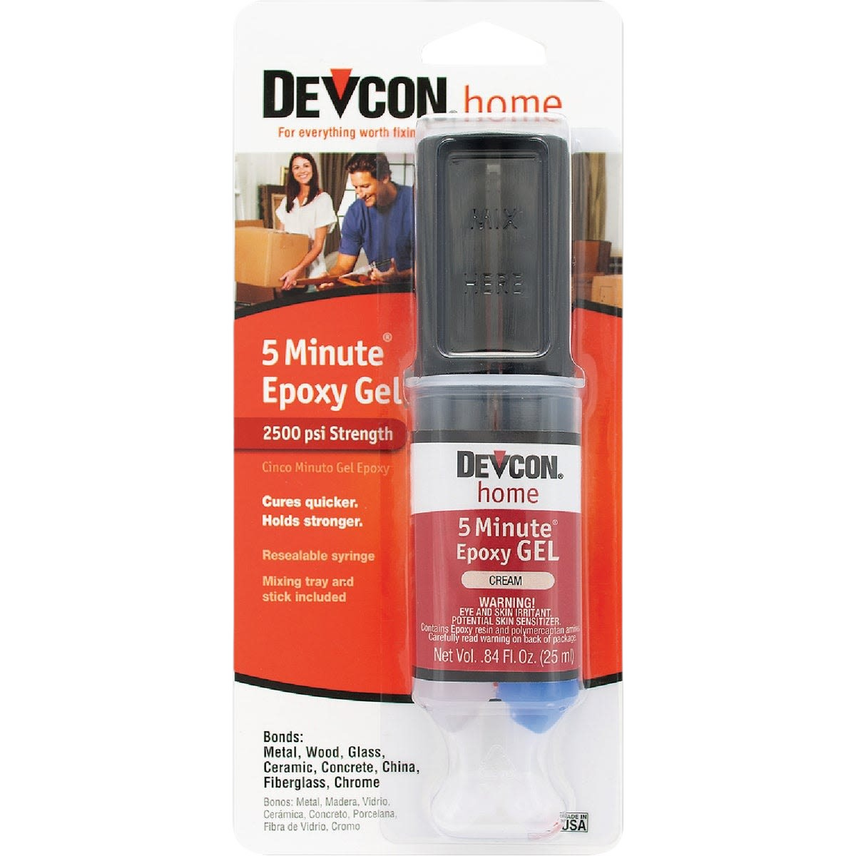 Devcon 5 Minute Epoxy Gel in resealable syringe for quick, strong bonding in wood sealers and home improvement tools.