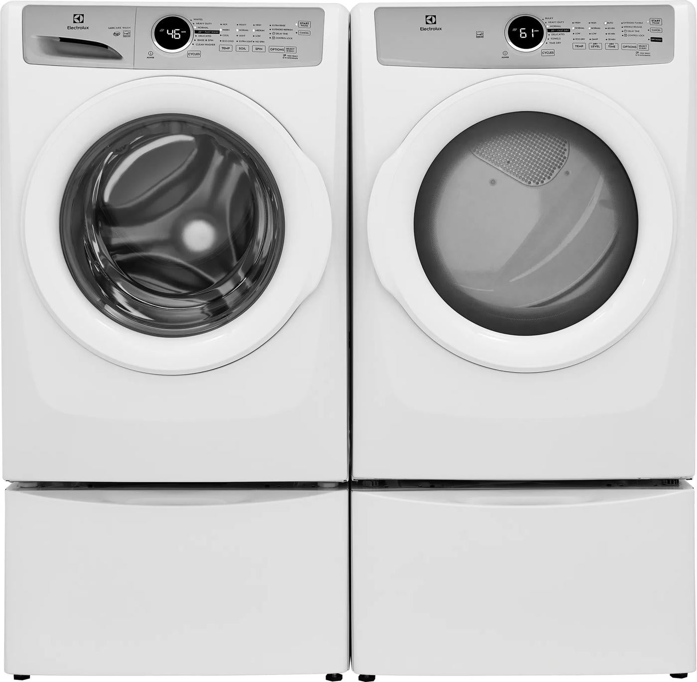 White front load washer and dryer pair with digital controls and large round doors, part of washers and dryers collection