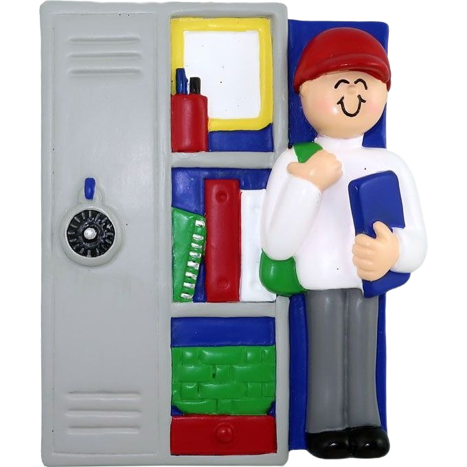 Gray school locker with books and supplies inside, male student in red hat holding notebook, festive Christmas decoration under $50