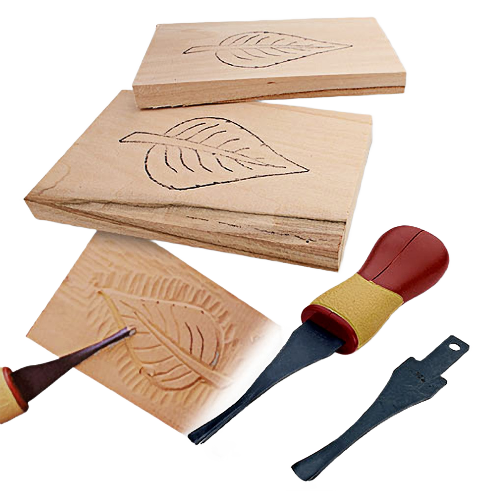 Wood carving tools with ergonomic handles and wood blocks featuring leaf designs for beginner woodworking and craft projects