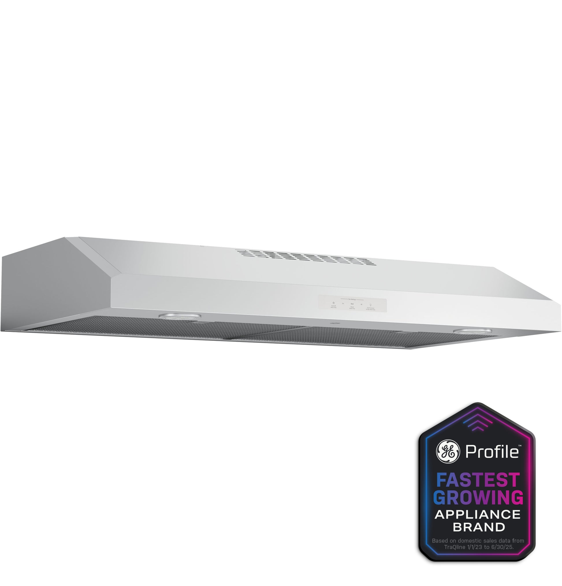 Under-cabinet stainless steel range hood with mesh filters and control panel in kitchen appliances and home improvement collection