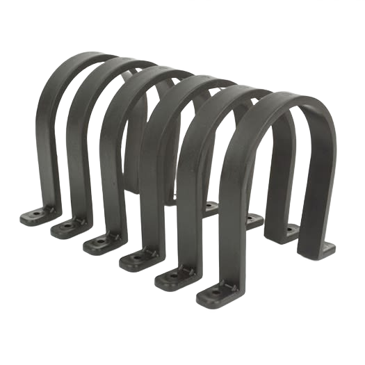 Set of six durable metal hose hangers in black for organizing 4-inch hoses in woodworking and home improvement projects