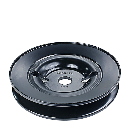 Black metal spindle drive pulley with central hexagonal hole and curved mounting tabs for tools and home improvement use