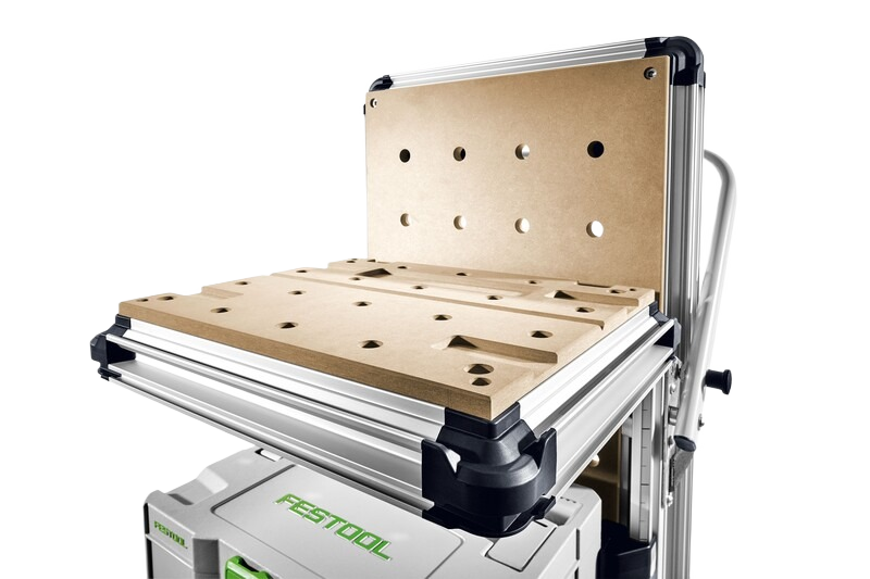 Customizable mobile workshop station with aluminum frame and perforated wooden panels for woodworking tools and site use