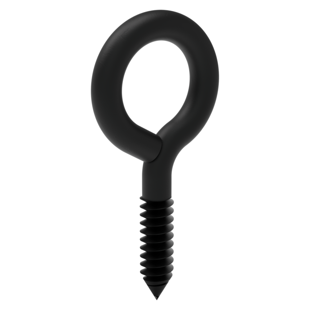Black metal screw eye with lag thread for secure fastening in hardware, hooks, and fasteners for home improvement projects