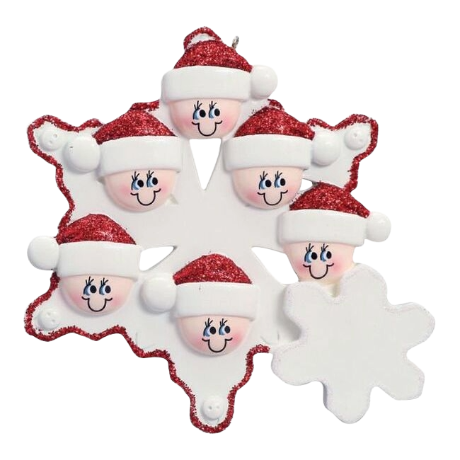 White snowflake ornament featuring six smiling faces in red Santa hats for Christmas décor under $50