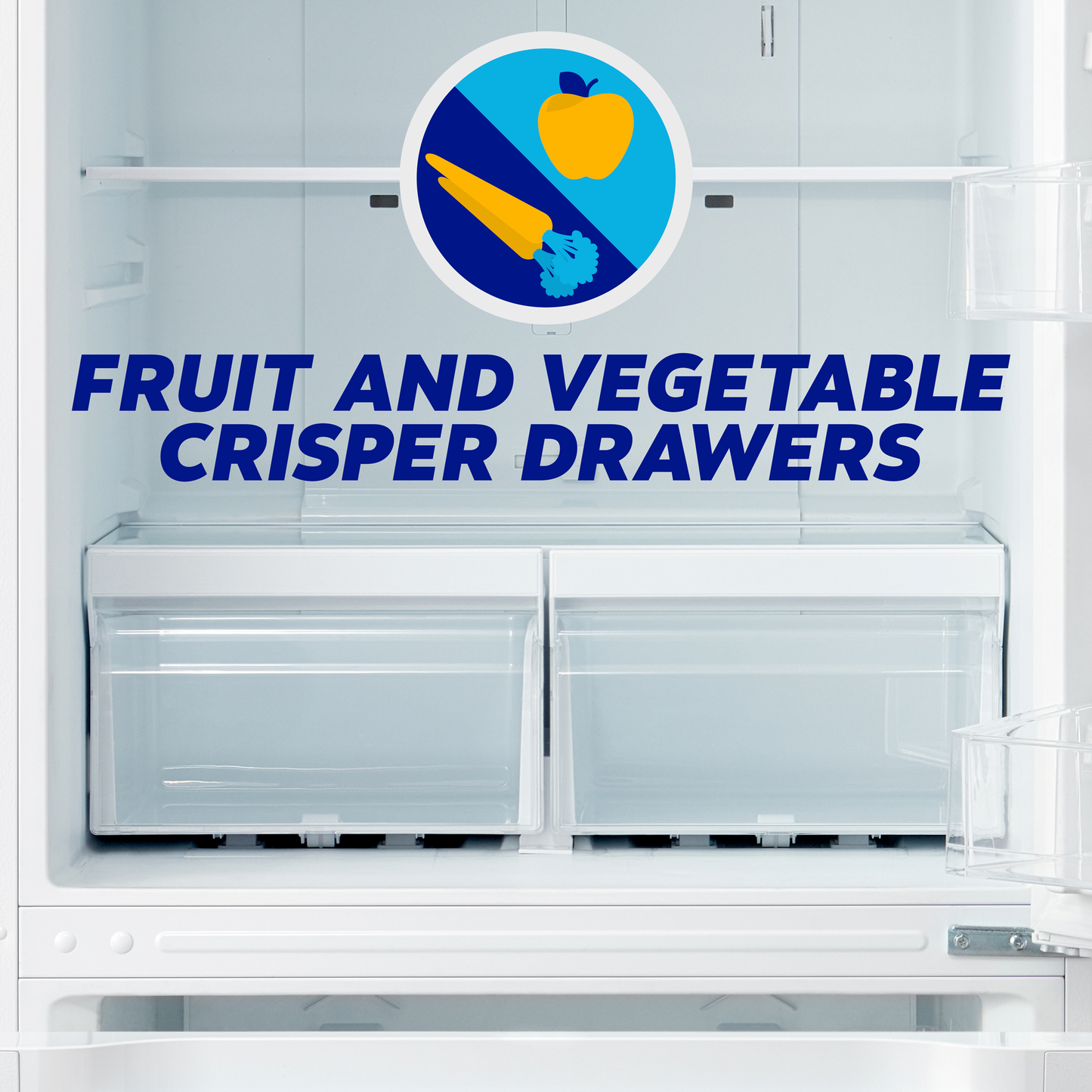 Interior view of bottom freezer refrigerator featuring clear fruit and vegetable crisper drawers in appliances collection
