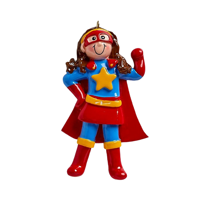 Colorful female superhero ornament with red cape and yellow star for Christmas Ornaments & Tree Decorations under $50