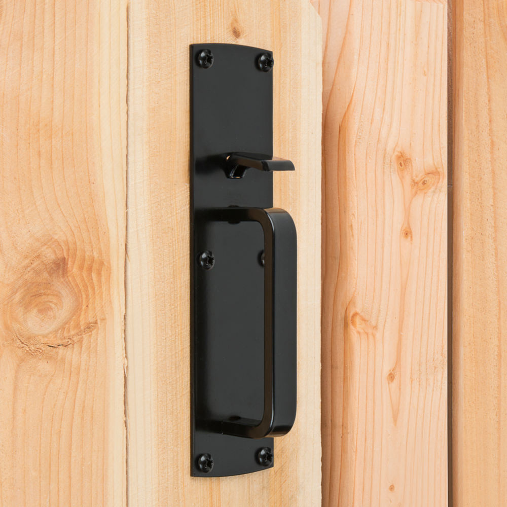 Black plated steel gate thumb latch with handle installed on natural wood gate for hardware and home improvement under $50