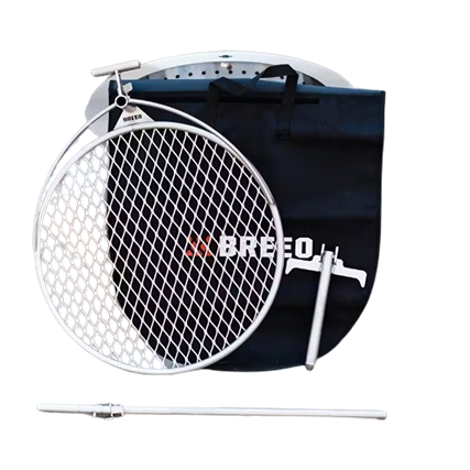Round metal grill grate with detachable anchor system and carrying case for outdoor living and fire pit cooking