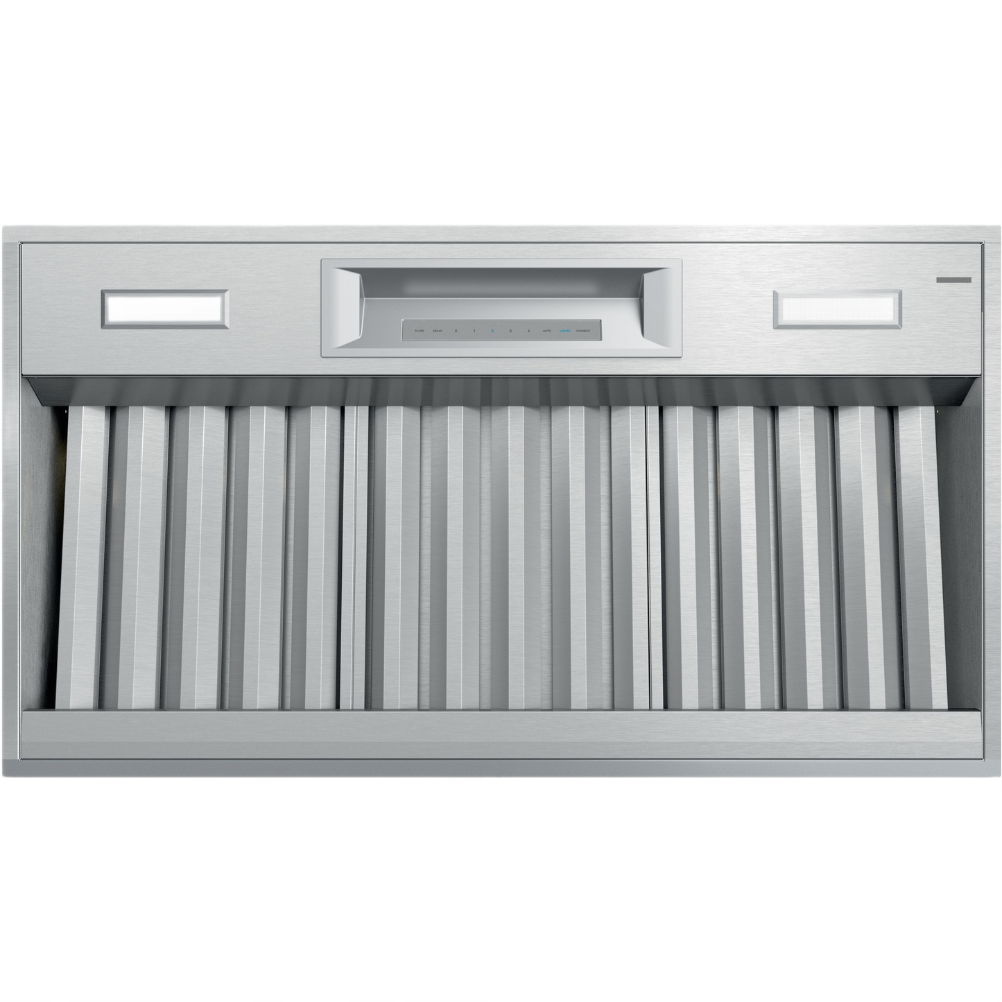 Stainless steel custom insert hood with integrated touch controls for over the range installation in kitchen appliances collection
