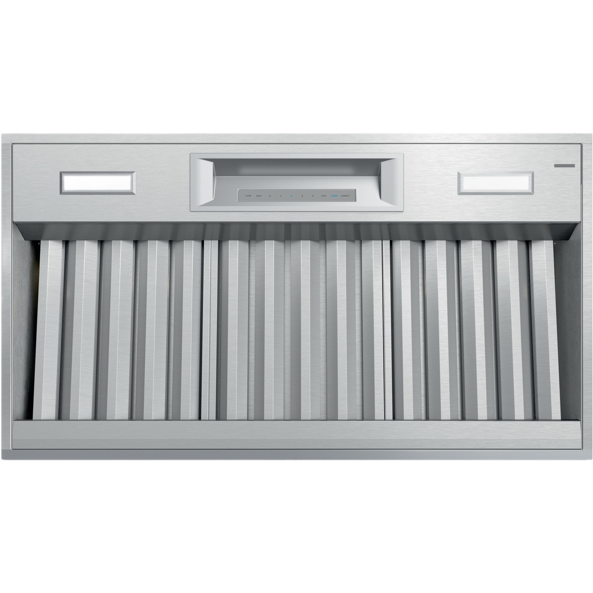Stainless steel custom insert hood with integrated touch controls for over the range installation in kitchen appliances collection