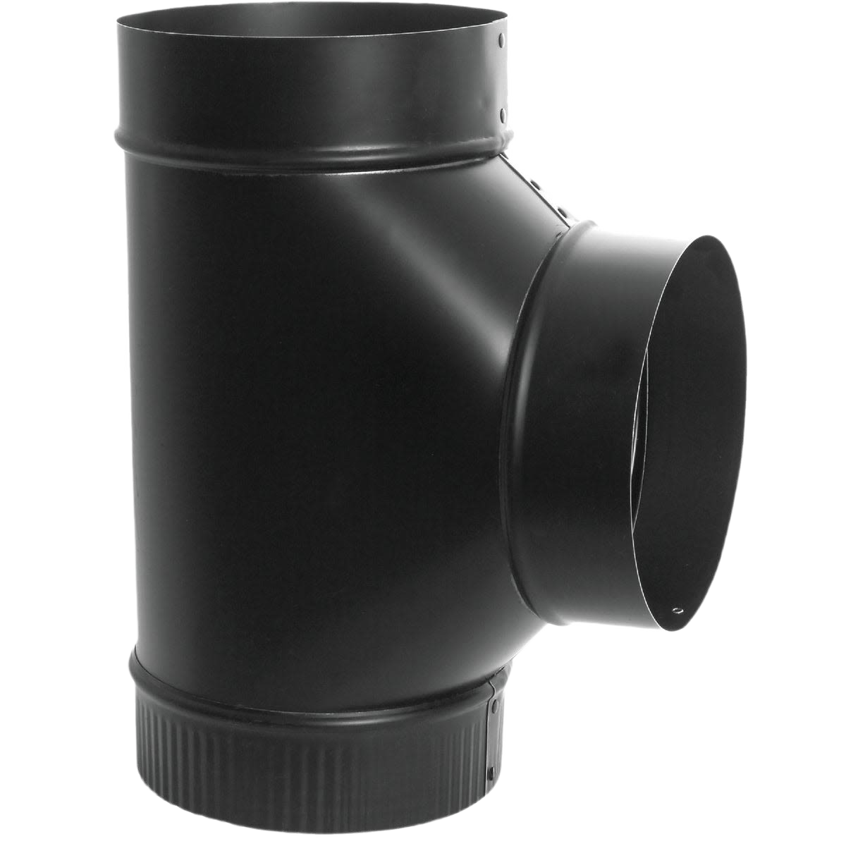 Black 7-inch 24 gauge metal tee joint for pipe connections in home improvement and HVAC projects
