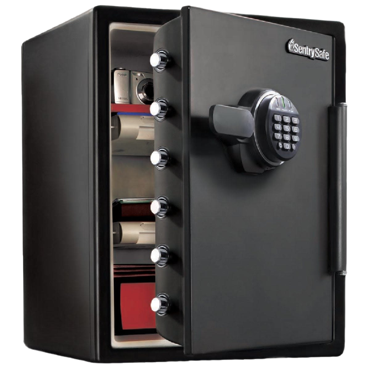 Black fire-resistant electronic floor safe with keypad lock and adjustable interior shelves in locks and safes collection