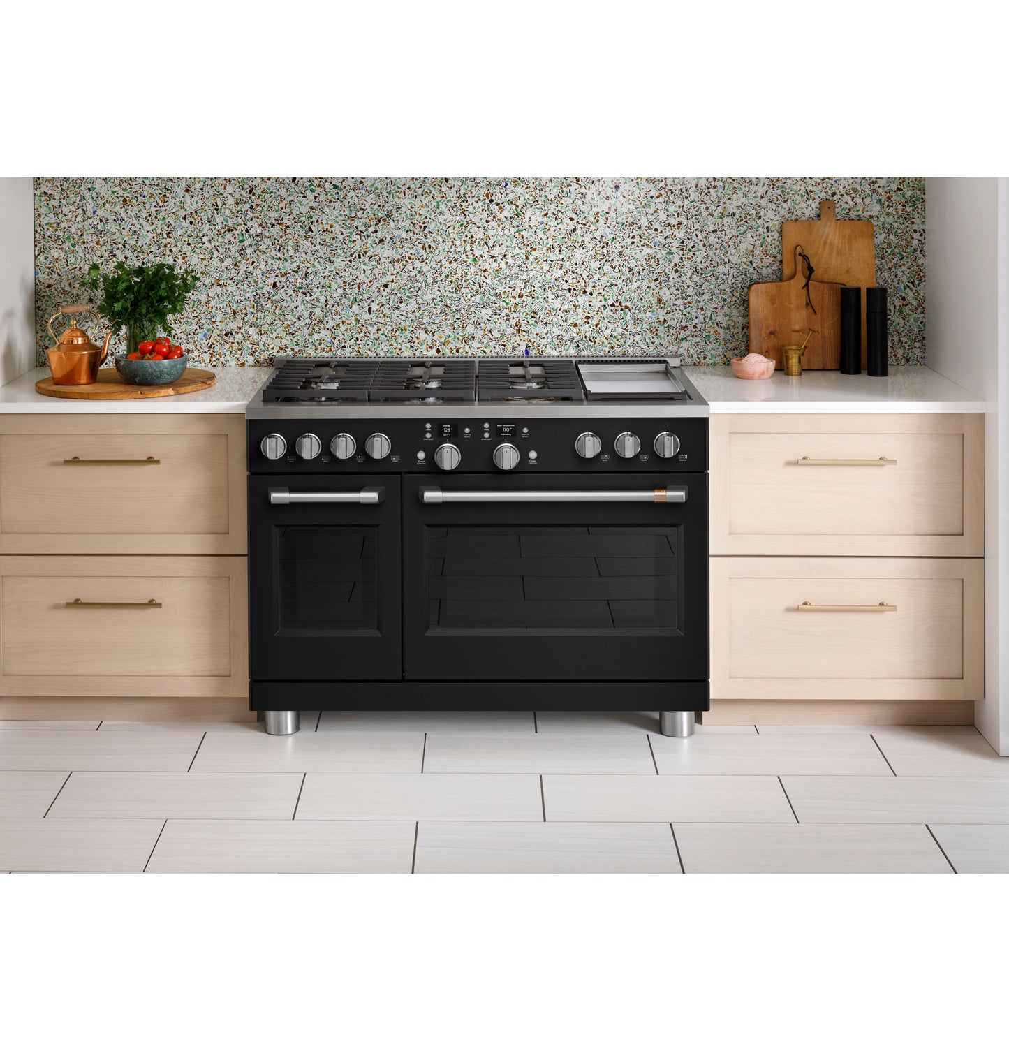 Black smart dual-fuel range with six burners, griddle, and double ovens in kitchen & kitchenware collection