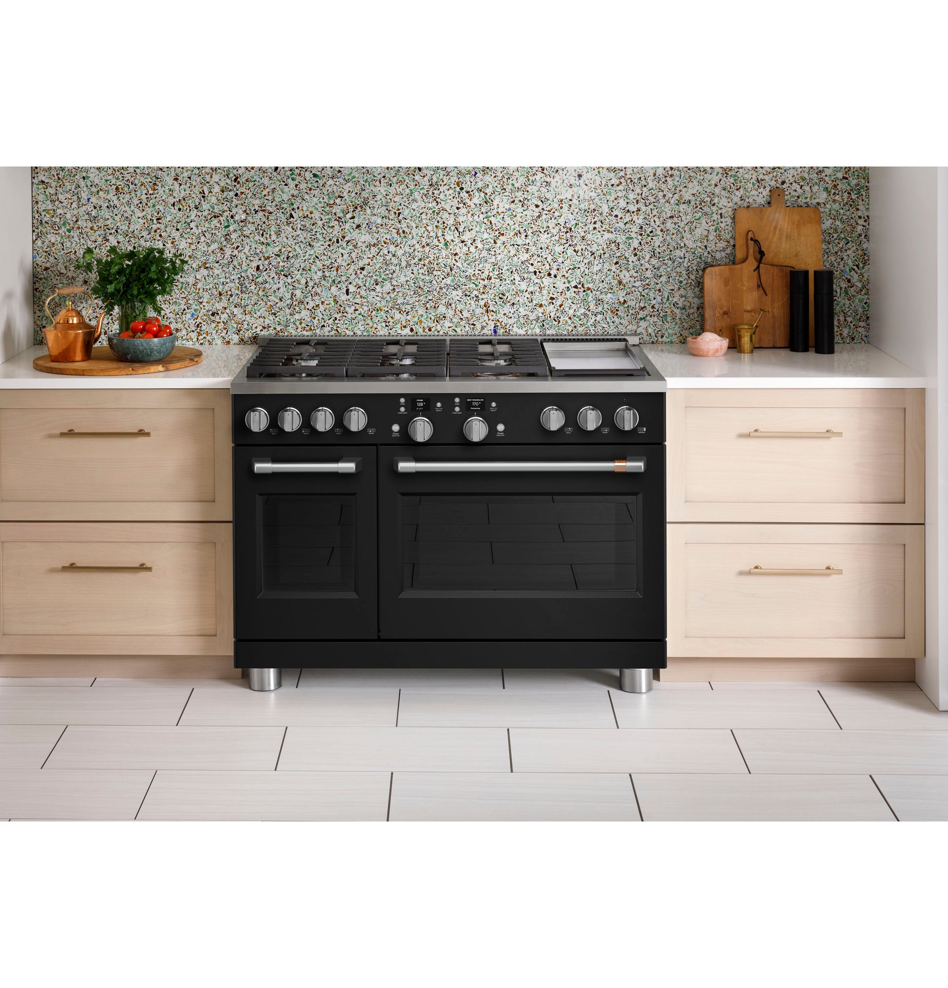 Black smart dual-fuel range with six burners, griddle, and double ovens in kitchen & kitchenware collection