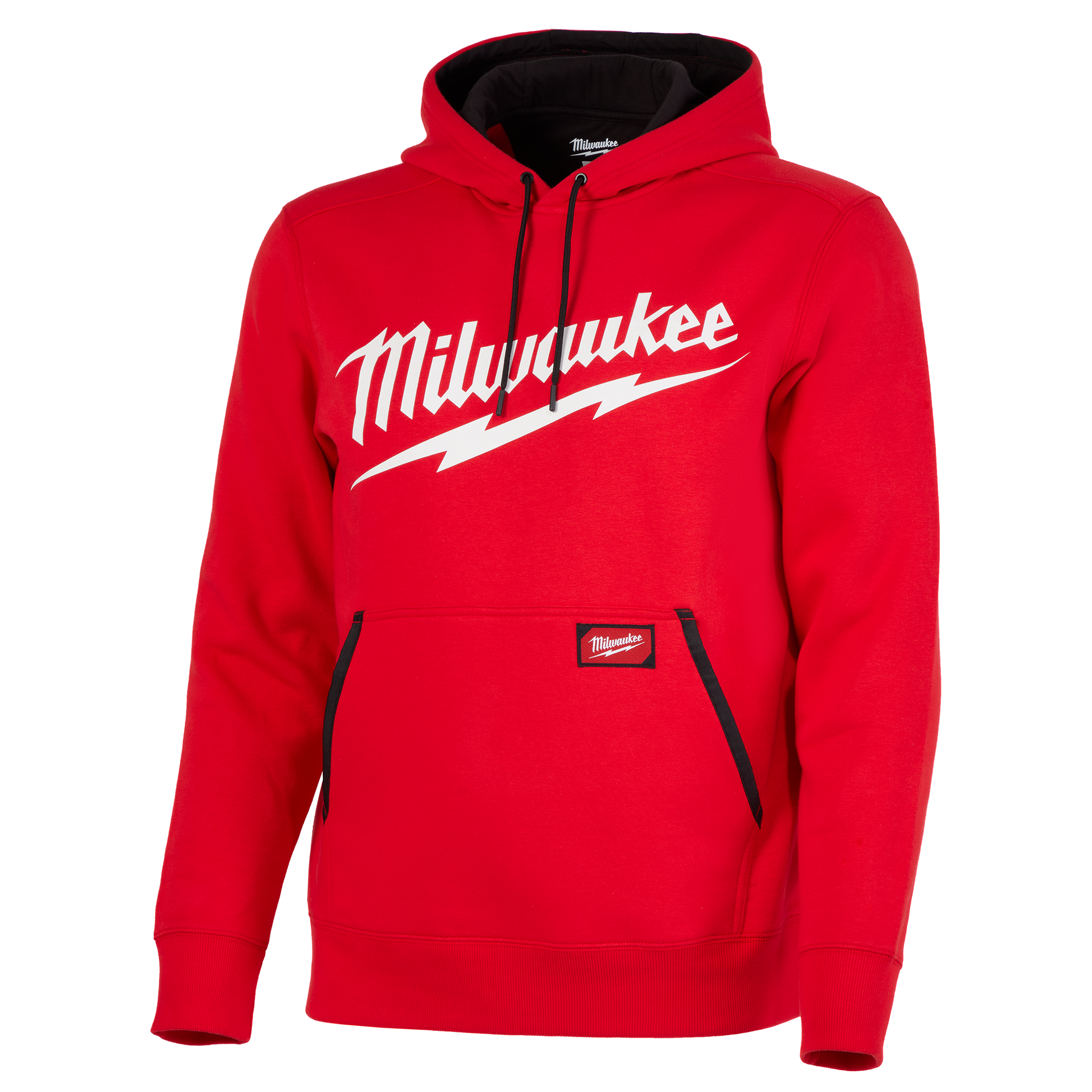 Red pullover hoodie with white Milwaukee logo and black drawstrings, designed for comfort and casual wear.