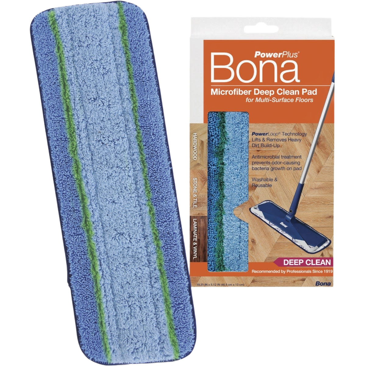 Blue microfiber mop refill pad with green stripes for multi-surface floor cleaning tools under $50.