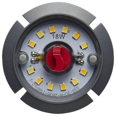 Close-up of round LED light bulb with 18 watt setting and visible yellow diodes for electrical and lighting collections