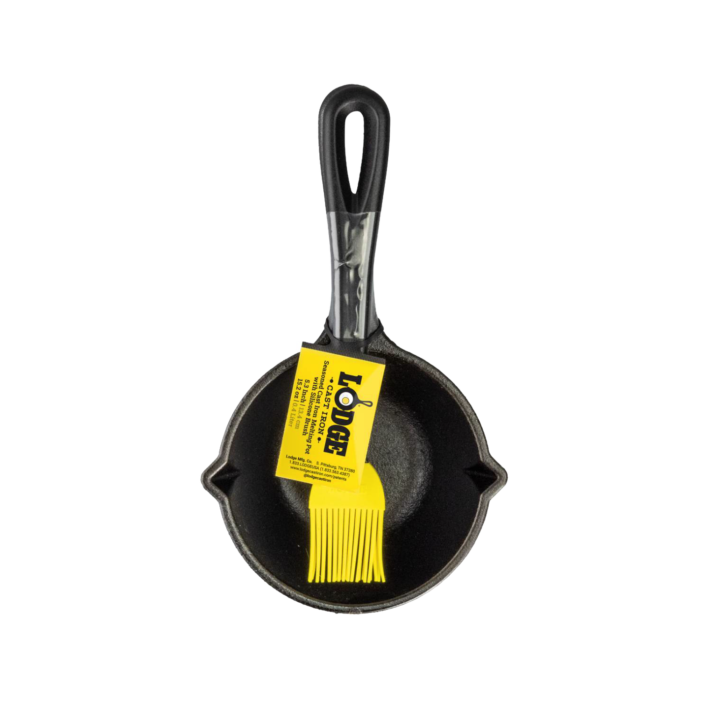 Black cast iron melting pot with handle and yellow silicone brush, kitchen gadget in Lodge Cast Iron collection under $50.