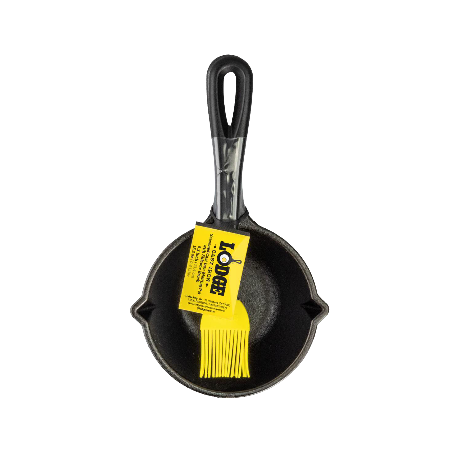 Black cast iron melting pot with handle and yellow silicone brush, kitchen gadget in Lodge Cast Iron collection under $50.