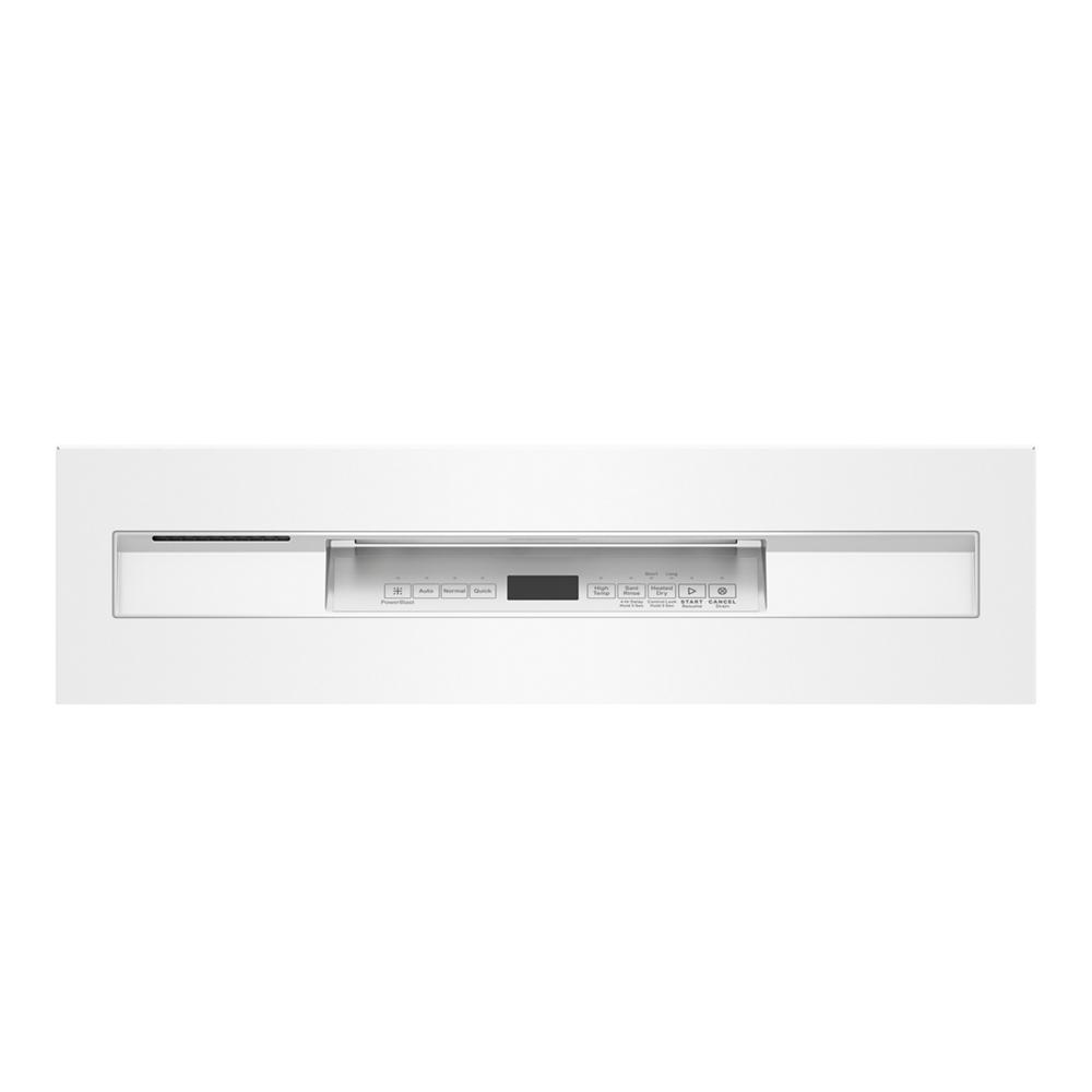 White front control dishwasher panel with digital display and buttons for cycle selection in kitchen appliances collection