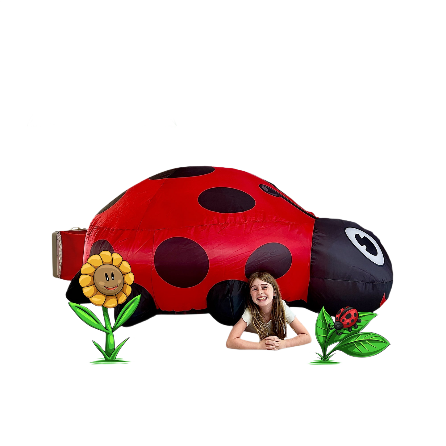 Girl playing inside a large red and black inflatable ladybug fort with cartoon flower and leaf decorations for kids