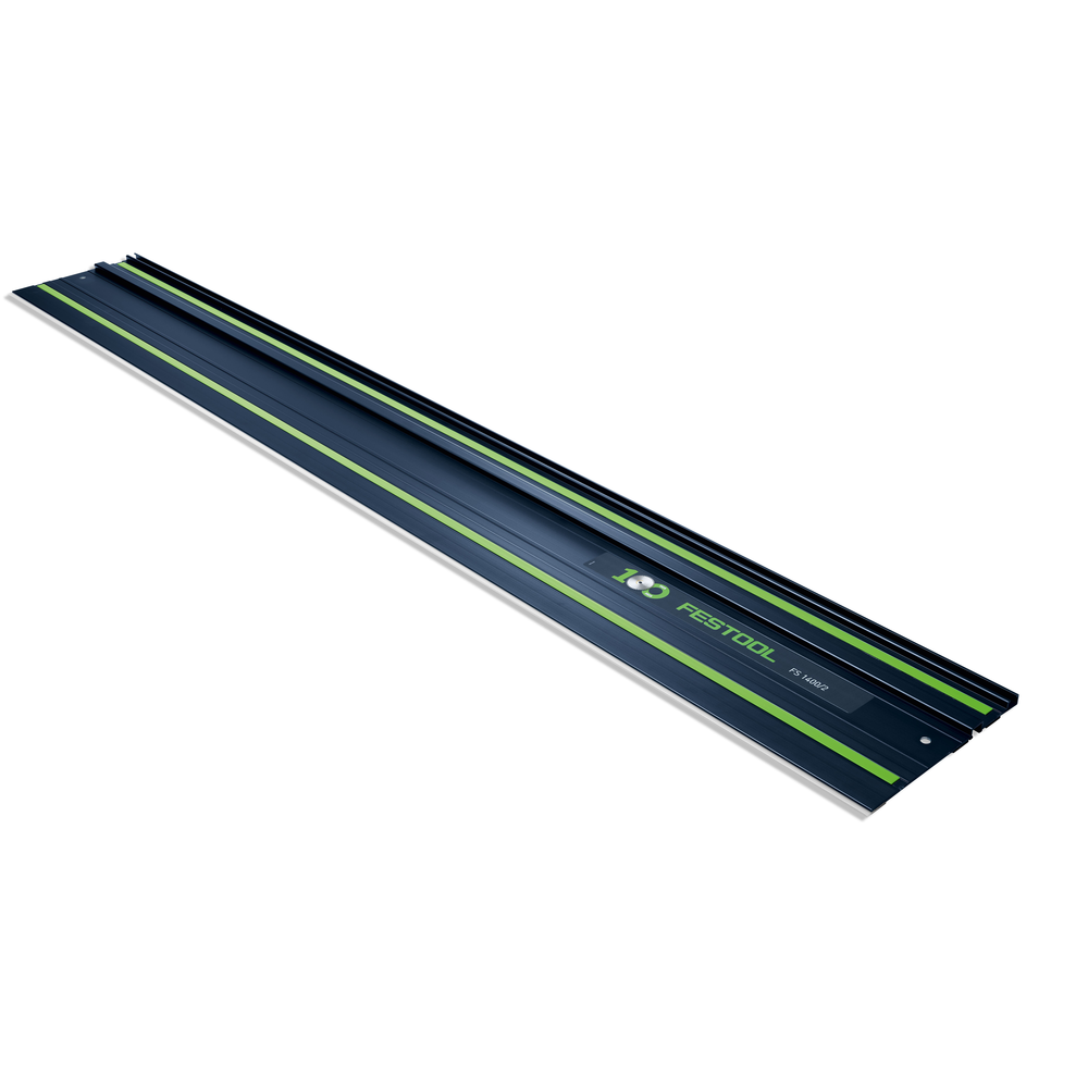 Blue guide rail with green accents for precision cutting in tools and home improvement projects