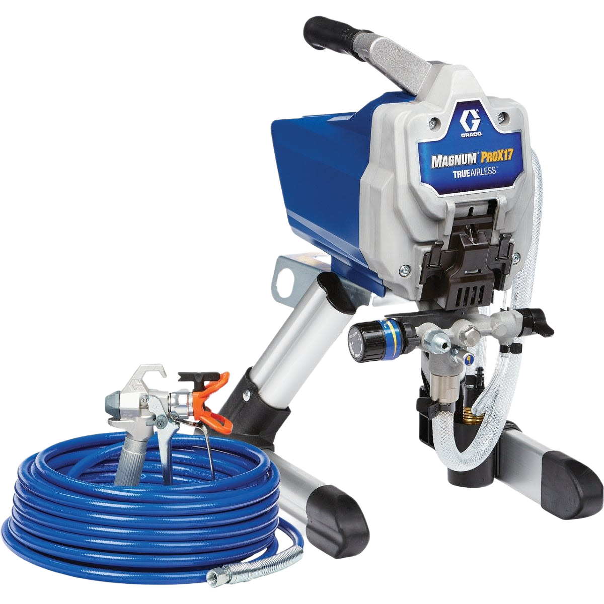 Blue and gray professional airless paint sprayer with hose and spray gun for home improvement tools and supplies