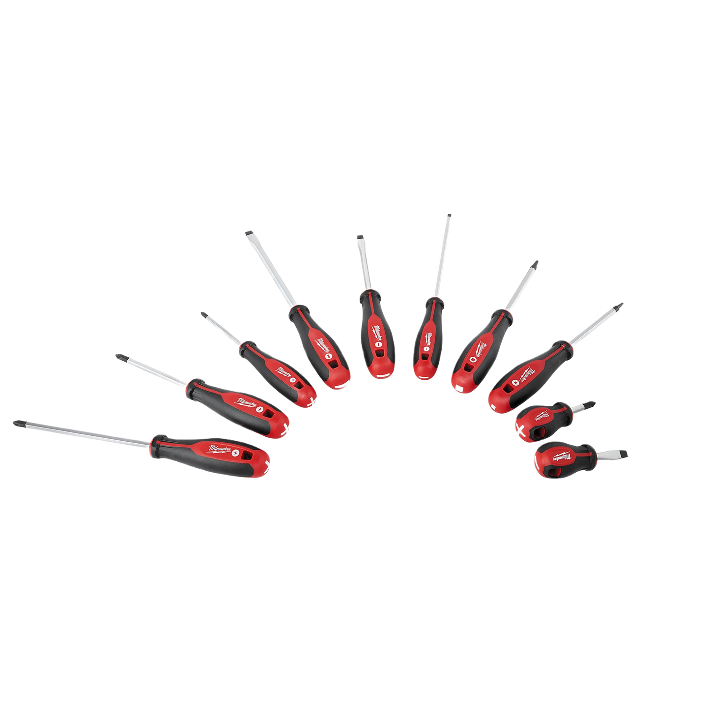 Set of ten red and black Milwaukee screwdrivers with ergonomic grips for home improvement and tools use