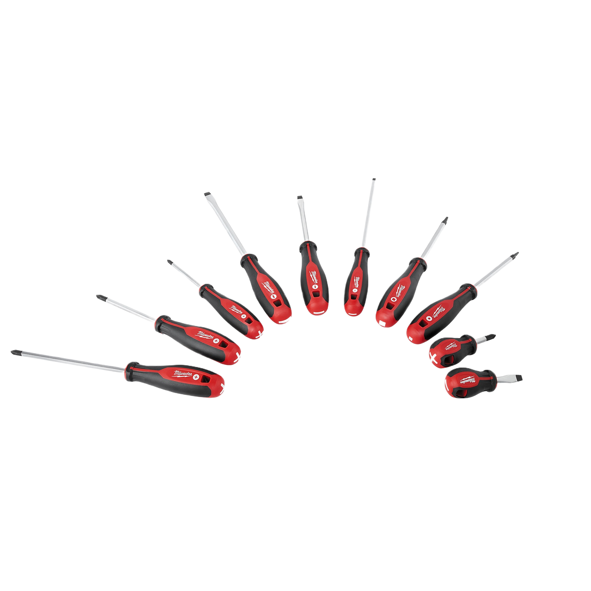 Set of ten red and black Milwaukee screwdrivers with ergonomic grips for home improvement and tools use