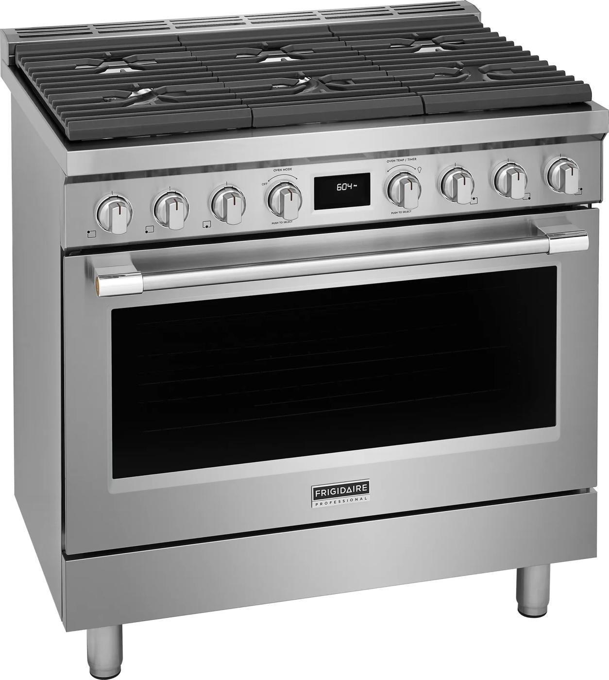 Freestanding stainless steel dual-fuel range with six burner cooktop and digital display in kitchen appliances collection