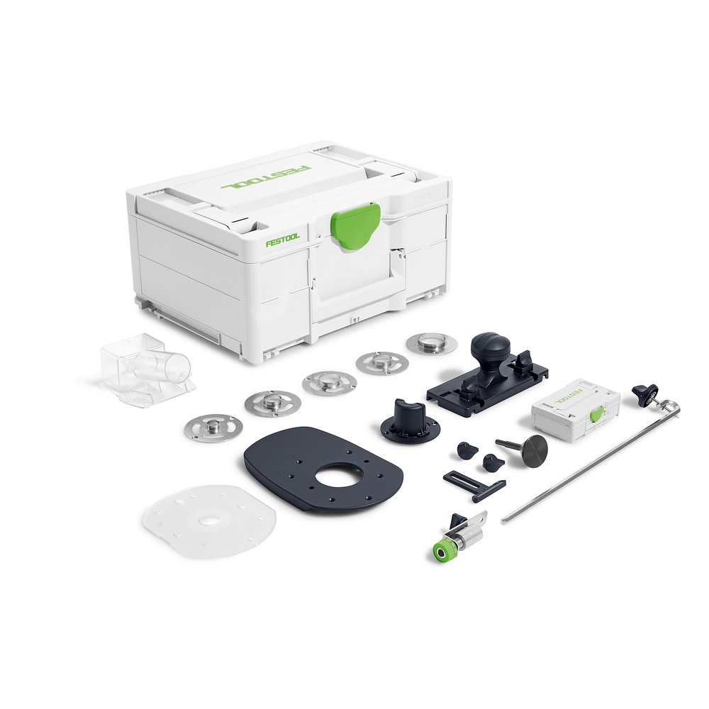 Organizer kit for Festool router accessories with various metal and plastic components in a durable white case