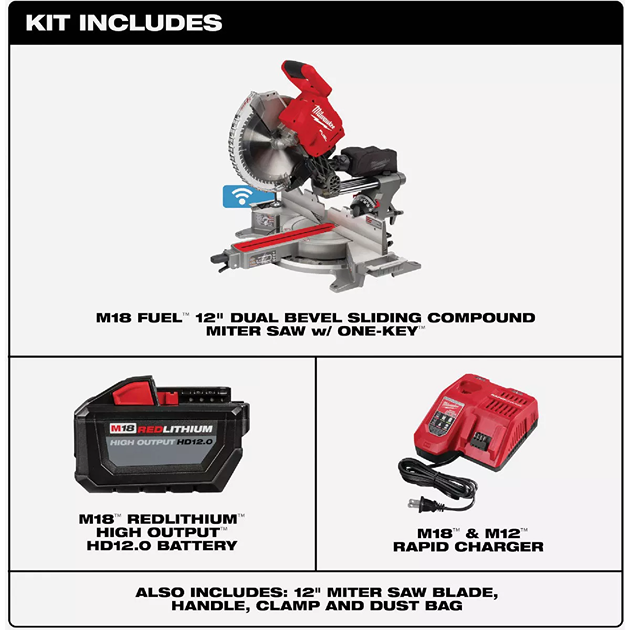 Red and silver cordless dual bevel sliding compound miter saw with battery, charger, blade, handle, clamp, and dust bag for tools use