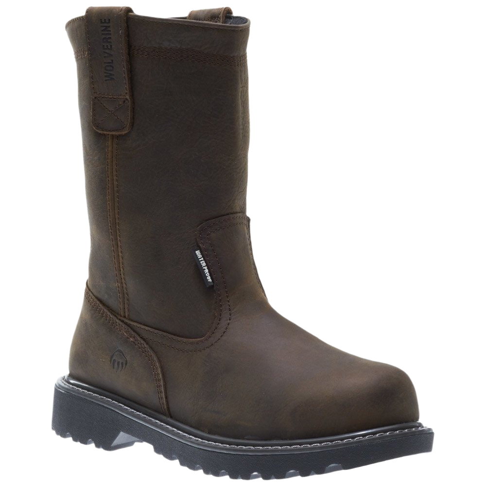 Dark brown waterproof Wellington work boot with durable sole for footwear and clothing collections in size 11W