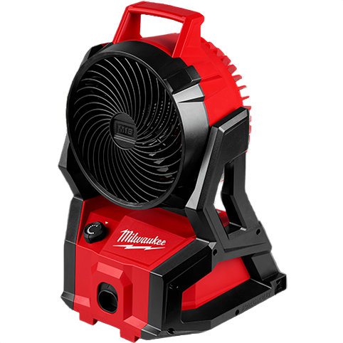 Portable red and black brushless fan with handle and durable frame for tools and home improvement projects
