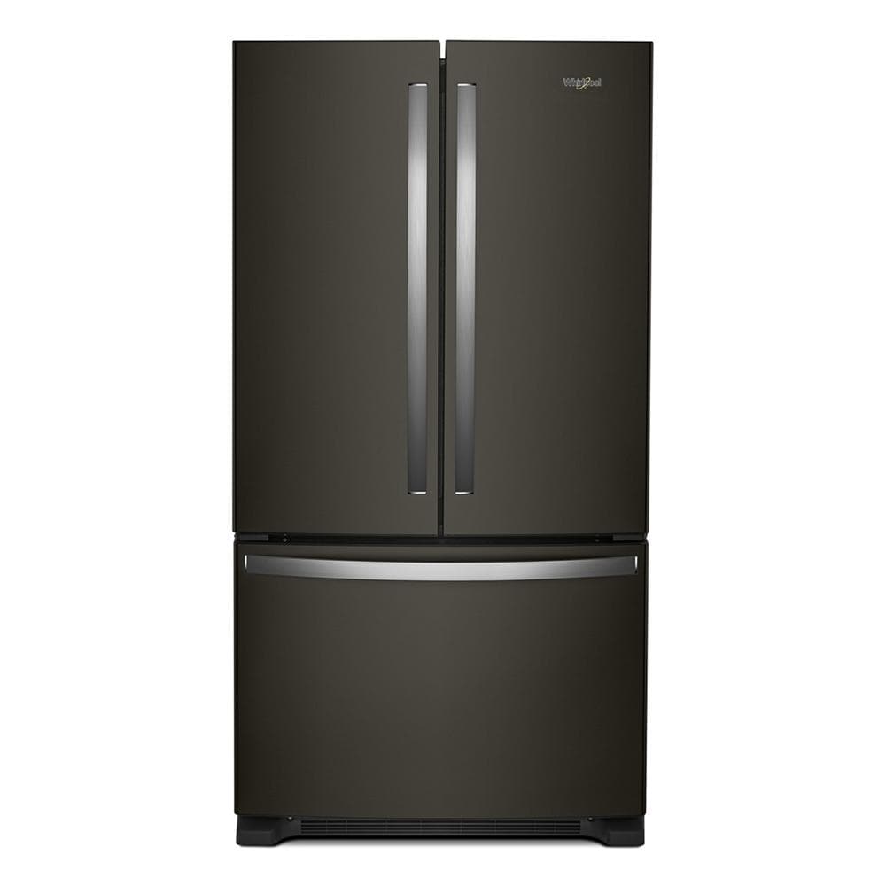 36-inch wide counter-depth French door refrigerator with bottom freezer and stainless steel handles in Appliances collection