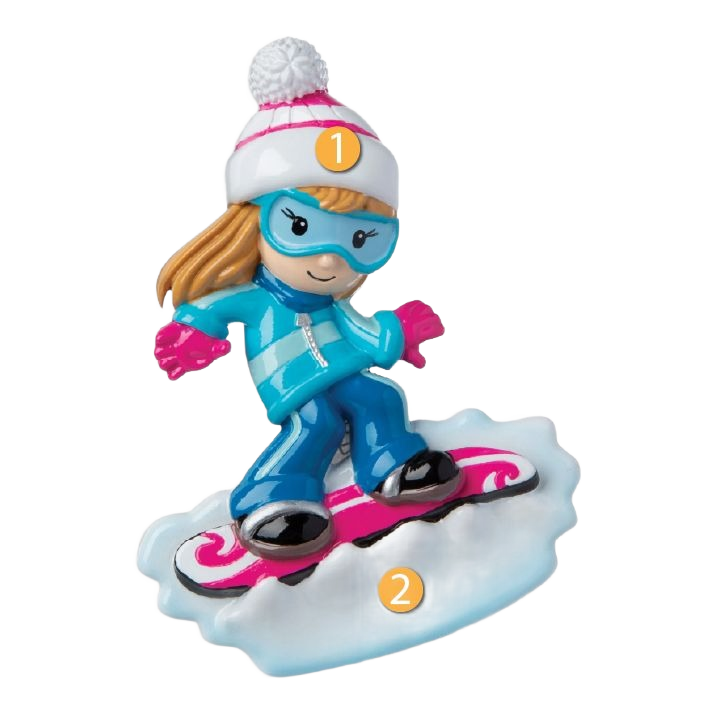 Girl snowboarder figurine ornament wearing blue outfit and pink gloves from Christmas Ornaments & Tree Decorations collection