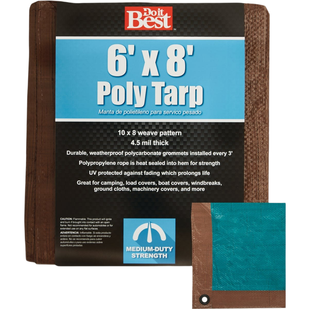 Brown and green medium-duty poly tarp with reinforced grommets for outdoor use in hardware and home improvement collections